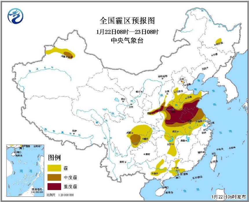 全国空气污染预报：黄淮江淮江汉四川盆地有大雾 中东部雾霾天气即将减弱消散